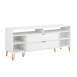 English Elm Dumbo 63" Fluted Media Console with Gold Legs, 2 Drawers, 6 Shelves & Wire Management Elegance White B365P397904
