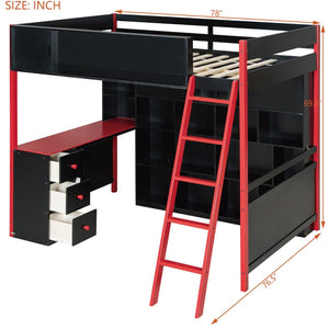 English Elm Full Size Gaming Loft Bed with Led Lighting Desk Drawers and Display Shelving Red LT000263AAJ