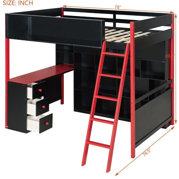 English Elm Full Size Gaming Loft Bed with Led Lighting Desk Drawers and Display Shelving Red LT000263AAJ