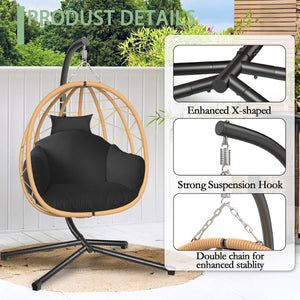 English Elm Hanging Rattan Nest Egg Chair with Stand Uv Resistant Cushion Patio Bedroom Lounge T5880P494883