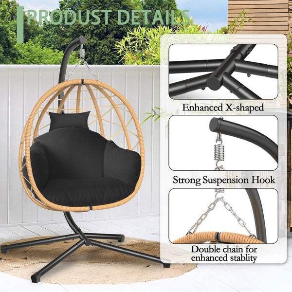 English Elm Hanging Rattan Nest Egg Chair with Stand Uv Resistant Cushion Patio Bedroom Lounge T5880P494883