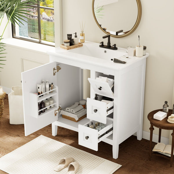 English Elm 30 Inch Bathroom Vanity with Ceramic Sink and 3 Smooth-Glide Drawers, Modern Moisture-Resistant Storage White N710P252105K