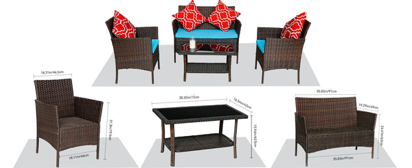 English Elm Four-Piece Pe Rattan Outdoor Furniture Set With Sapphire Blue Cushions & Glass-Top Table - Stylish Comfort For Patios And Gardens W3152P269436