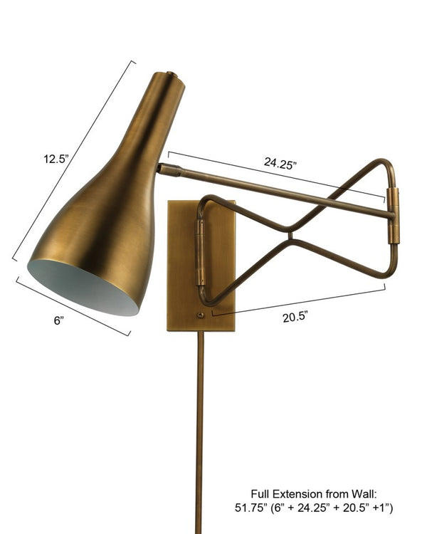 Lenz Adjustable Swing Arm Steel Wall Sconce with Antique Brass Finish for Bedroom Reading