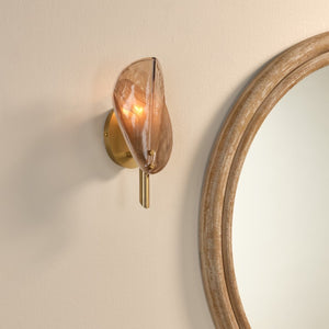 Magnolia Smoked Glass Petal Wall Sconce with Antiqued Brass Stem for Bedroom or Bath