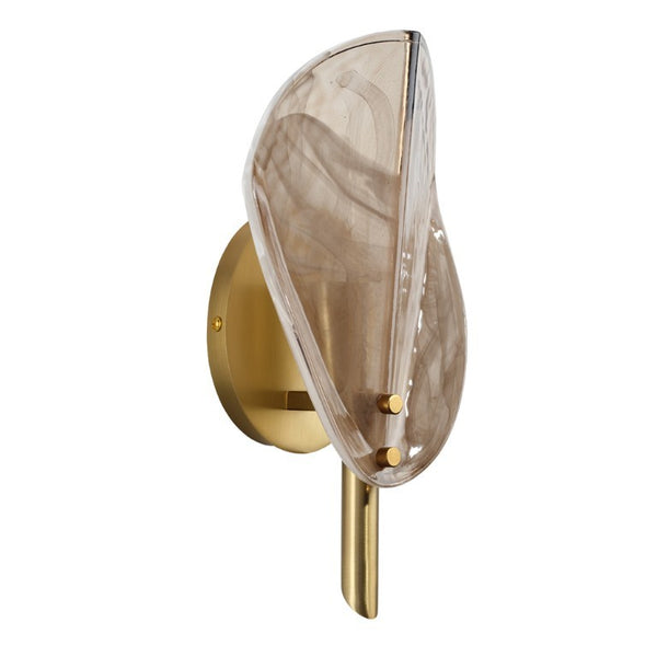 Magnolia Smoked Glass Petal Wall Sconce with Antiqued Brass Stem for Bedroom or Bath