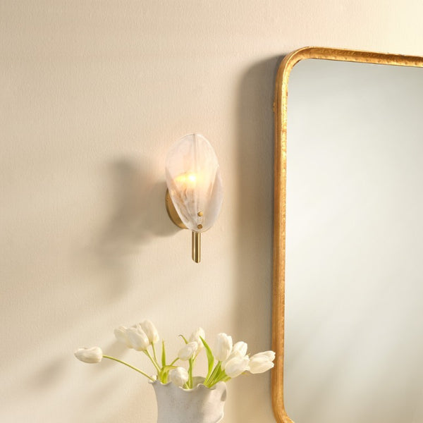Magnolia Smoked Glass Petal Wall Sconce with Antiqued Brass Stem for Bedroom or Bath