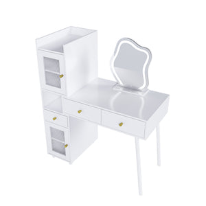 English Elm Vanity LED Mirror Dressing Table with 3 Drawers, 4 Cabinets & 3 Light Modes — White, Spacious Storage W2700P297922