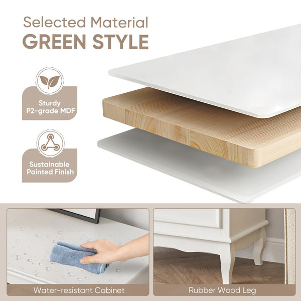 English Elm 5 Drawer Modern Dresser with Tapered Wood Legs Fluted Panels and Painted White Finish B082P232950