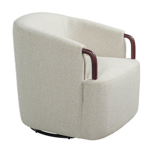 English Elm 30" Boucle Swivel Barrel Chair Wood Accents Sculptural Accent Seating for Any Room N767P422966B