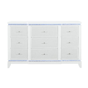 English Elm ADALID Glittered 5-Drawer Chest with LED Lighting, Solid Wood Build, Knob Hardware, Tapered Legs White 65.94 L x 21.46 W x 39.17 H B201P288333