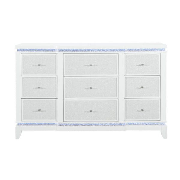 English Elm ADALID Glittered 5-Drawer Chest with LED Lighting, Solid Wood Build, Knob Hardware, Tapered Legs White 65.94 L x 21.46 W x 39.17 H B201P288333