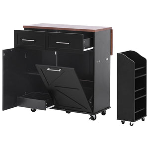 English Elm K&K 47.2" Farmhouse Kitchen Island with Drop Leaf, Removable Side Shelf, Trash Cabinet, Wheels Black N707P307296B