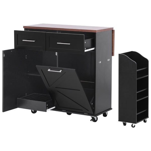 English Elm K&K 47.2" Farmhouse Kitchen Island with Drop Leaf, Removable Side Shelf, Trash Cabinet, Wheels Black N707P307296B