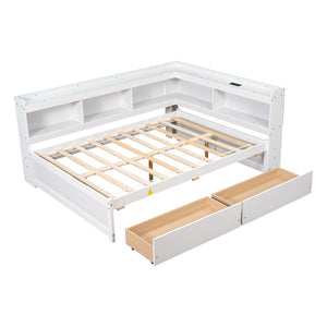 English Elm Full Platform Bed with L-shaped Bookcase Built-in Power Outlets and Storage Drawers White W504S00340