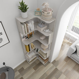 English Elm 6 Tier Freestanding L-Shaped Corner Bookshelf with Anti-Tip, Rounded Corners, 3D Wood Grain Finish Light Gray W2899P372517
