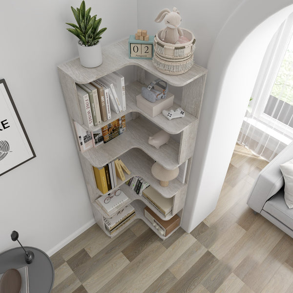 English Elm 6 Tier Freestanding L-Shaped Corner Bookshelf with Anti-Tip, Rounded Corners, 3D Wood Grain Finish Light Gray W2899P372517