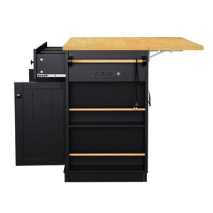 English Elm K&k 53 Inch Rolling Kitchen Island with Drop Leaf Power Outlet and Open Storage Racks Black N707S185531B