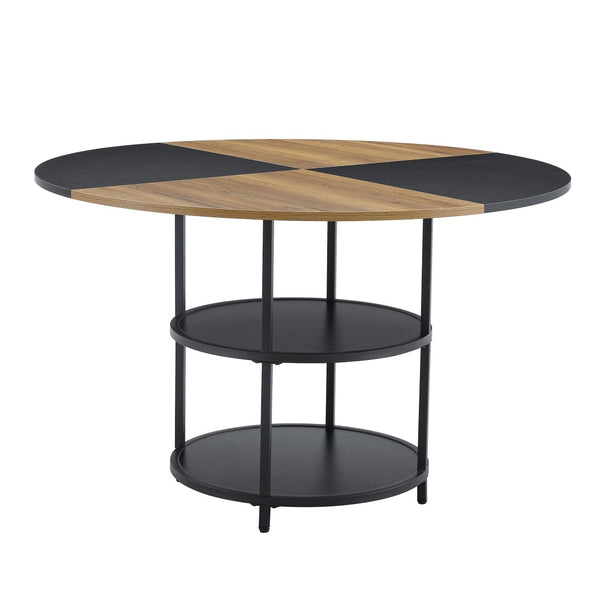 English Elm Table and Chair Set Sunburst Mdf Round Dining for Six with Dual Shelf Black Metal Legs W1151S03850