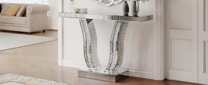 English Elm 43 Inch Mirrored Console Glam Sofa Table with Crystal Stone Inlaid Curved Legs W1445P370475
