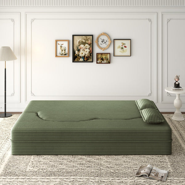English Elm Modern Full Size Folding Sofa Bed Plush Corduroy Convertible Sleeper with 2 Pillows Foam-Filled 15" Mattress Green W1885P369586