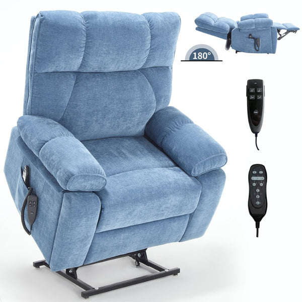English Elm Beige Chenille Power Lift Recliner Dual Motor Massage Heat 350 Lb Capacity Blue W1803P264051