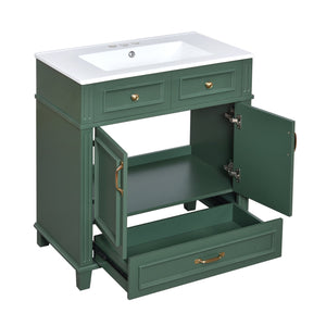 English Elm 30'' Bathroom Vanity with Sink - Retro Solid Wood Frame, Ceramic Basin, Soft-Close Doors & Ample Storage Green N710P190656F