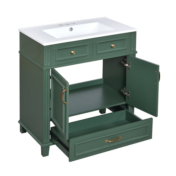 English Elm 30'' Bathroom Vanity with Sink - Retro Solid Wood Frame, Ceramic Basin, Soft-Close Doors & Ample Storage Green N710P190656F