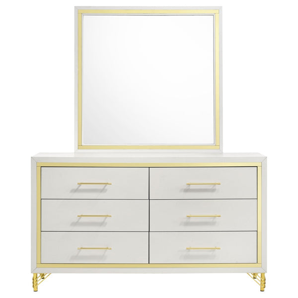 English Elm James White Glam Dresser with Mirror Gold Hardware Six Drawers Bedroom Vanity Set B062S01749
