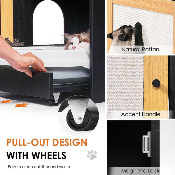 English Elm Cat Litter Box Enclosure Modern Black Litter Cabinet with Sisal Scratching Door, Wheels & Storage W1687P356622