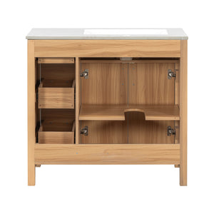 English Elm 36" Wood Bathroom Vanity with Solid Frame, Gold Handles, 3 Soft-Close Drawers & 2 Doors, Spacious Countertop N729P204176N