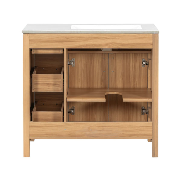 English Elm 36" Wood Bathroom Vanity with Solid Frame, Gold Handles, 3 Soft-Close Drawers & 2 Doors, Spacious Countertop N729P204176N