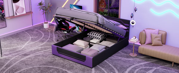 English Elm Modern Cyberpunk Queen Platform Bed Hydraulic Storage Pu Upholstered Gaming Frame Purple+Black SF000205AAI