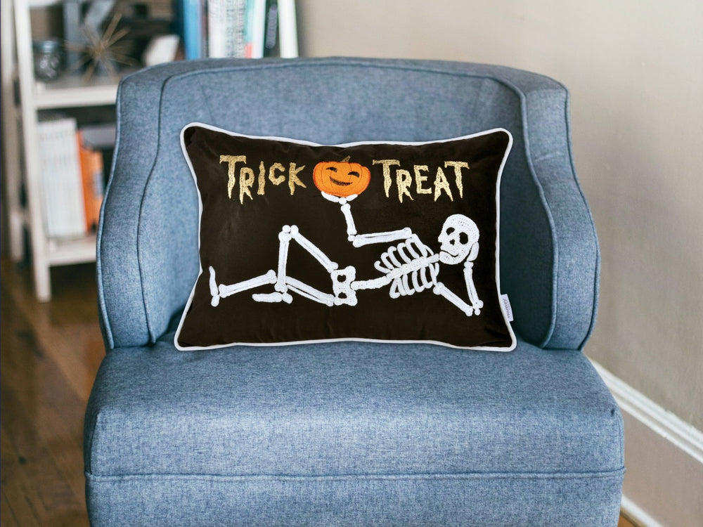 English Elm Trick Or Treat Skeleton Velvet Throw Pillow - Luxurious Black Accent For Spooky Halloween Decor B357P360658-GIGA