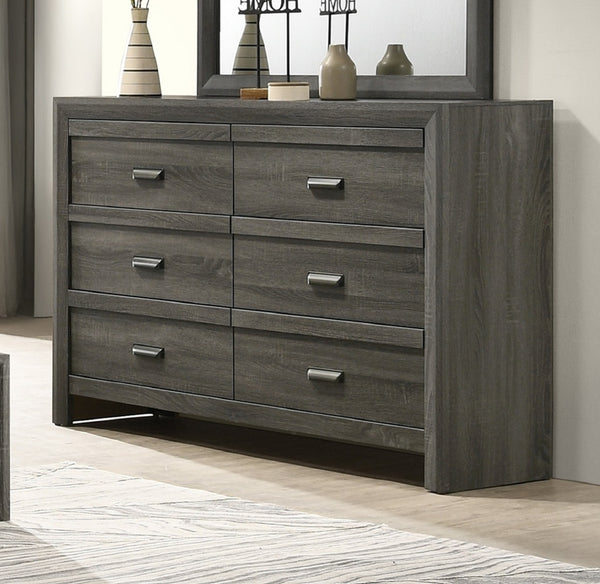 English Elm 1pc Rustic Contemporary Chest with Five Drawers, Metal Pulls, Distressed Finish for Stylish Bedroom Storage Gray 60.16 L x 18.19 W x 41.81 H B011P368148