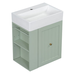 English Elm 20-Inch Compact Bathroom Vanity with Ceramic Sink, Wall-Mounted MDF Cabinet, Modern Space-Saver Design Green N725P314023F