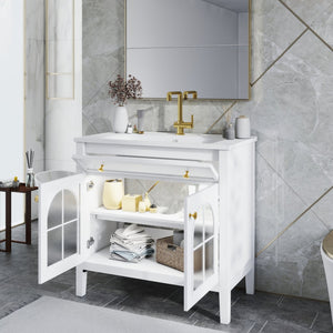 English Elm 35.6" Freestanding Bathroom Vanity with Roman Column Base and Ceramic Integrated Sink White W1801S00001