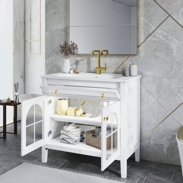 English Elm 35.6" Freestanding Bathroom Vanity with Roman Column Base and Ceramic Integrated Sink White W1801S00001