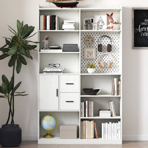 English Elm Bookshelf 79" Tall 9-Shelf White Pegboard Bookcase with 3 Deep Drawers, Modern Wide Storage Unit W331P295438
