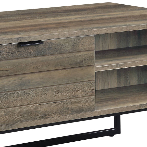 English Elm Rustic Oak and Black Coffee Table with Self-Close Cabinet, Open Shelves, Metal Leg, Clutter-Free Design B062P185649