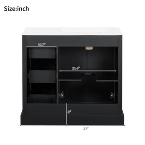 English Elm 36'' Transitional Bathroom Vanity with Ceramic Sink, Solid Wood Frame, Adjustable U-Shelf & Soft-Close Doors Black N729P292966B