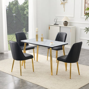 English Elm Table and Chair Set Marble Glass Top Gold Legs Black Pu Seats Modern Dining W1151S04650