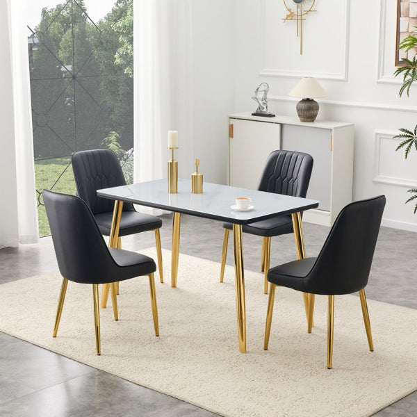 English Elm Table and Chair Set Marble Glass Top Gold Legs Black Pu Seats Modern Dining W1151S04650