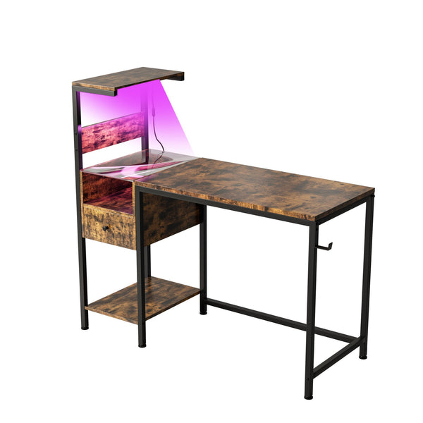 English Elm Computer Gaming Desk with RGB LED Lights, Reversible 4-Tier Shelves, Drawer & Headphone Hook, Space-Saving Workstation Brown W578P191951
