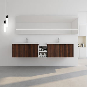 English Elm 84 Inch Wall Mounted Vanity with Dual Resin Sinks, Soft Close Doors, Metal Handles, Ample Storage Space California Walnut W999S00191