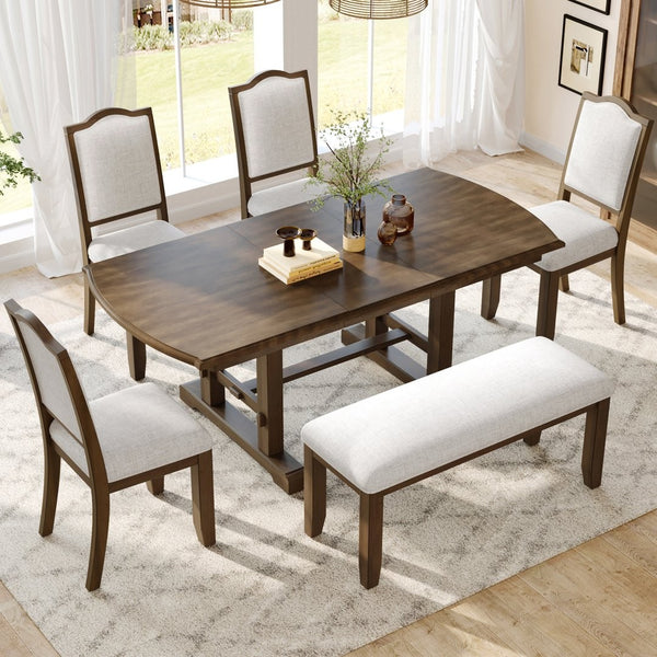 English Elm 6-piece Extendable Wood Dining Set with Linen Upholstered Chairs Bench Seats Eight Beige+Brown N752S000097D