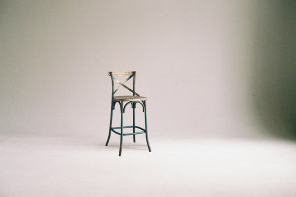 English Elm Antique Metal Frame Bar Chair with Wooden Seat and X Backrest, Vintage Dining Stool with Footrest Antique Turquoise 20.5 L x 44.5 W x 6.5 H B2741P325718