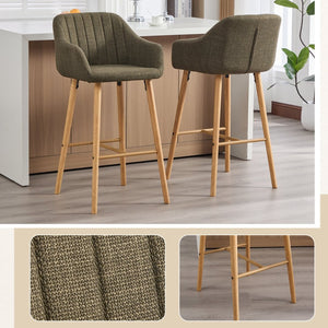 English Elm Modern Linen Upholstered Barstools with Oak Legs Armrests and Footrest for Kitchen Islands Green W395P396315