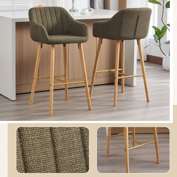 English Elm Modern Linen Upholstered Barstools with Oak Legs Armrests and Footrest for Kitchen Islands Green W395P396315