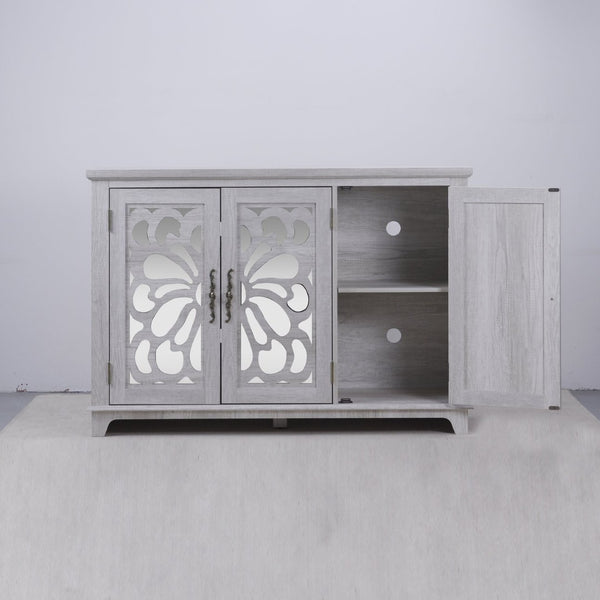 English Elm 49.33" Mirrored Lattice Buffet Cabinet with Adjustable Shelves Vintage Wood Grain Sideboard Light Gray W2899P372742